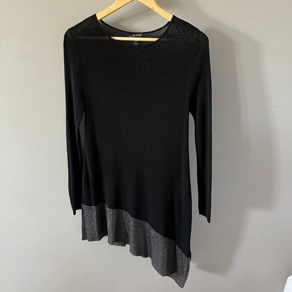 EILEEN FISHER Asymmetrical Black Tunic With Metallic Silver Bottom - Picture 2 of 5